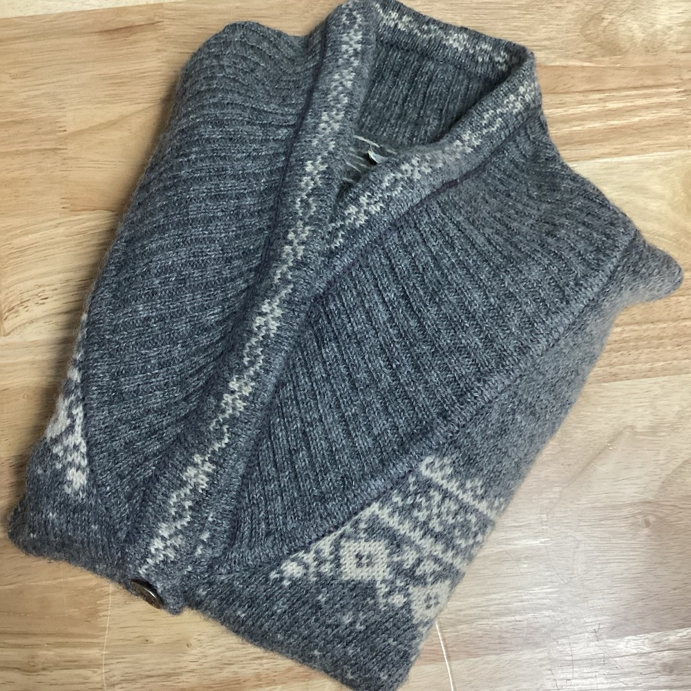 Ladies Vintage Susan Bristol 100% Wool Reindeer Fair Isle Cardigan Gray/Cream-SM